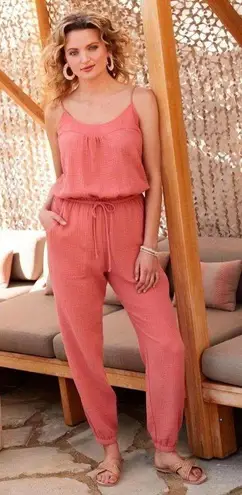 Evereve Gemma Gauzy Cotton Jumpsuit in Coral Size S