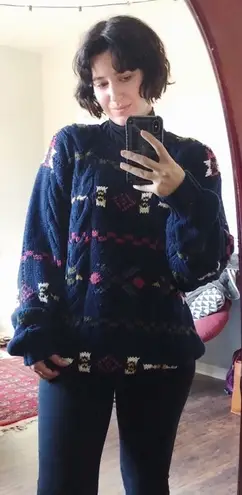 vintage • handknit sweater pullover chunky oversized navy blue 1990s cable knit Size L