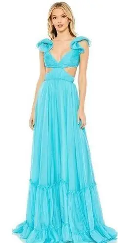Mac Duggal Ruched Ruffled Shoulder Cut Out Lace Up Gown in Turquoise US 12 NWT