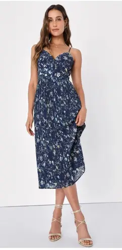 Poise and Perfection Navy Floral Print Midi Dress Sz L Blue Size L