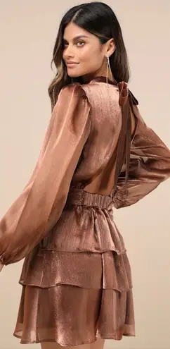 Lulus  Ideal Behavior Bronze Metallic Backless Tiered Mini
Dress - Image 1