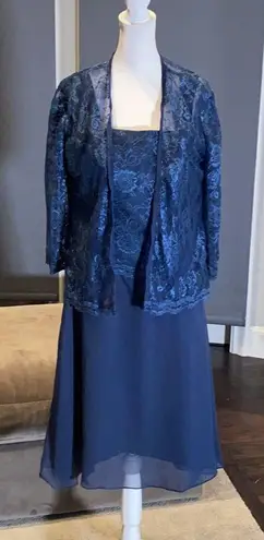 Women’s Navy Tea Length Formal Wedding Dress with Matching Jacket Size 12 NWOT Blue