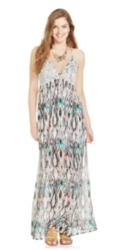 belle du jour Juniors' Multi-Color Printed Crochet-Trim Maxi Dress NWT Medium
