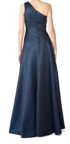 Monique Lhuillier dress blue Odyssey one shoulder metallic gown high low size 16