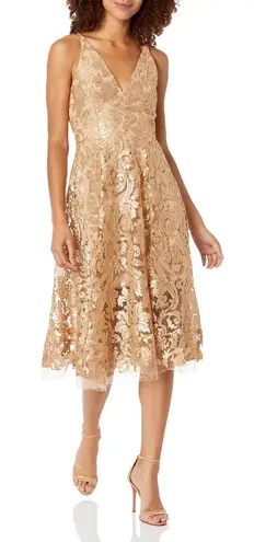Dress the Population Blair Plunging Fit & Flare Sequin Midi Dress, Gold/Nude, XL