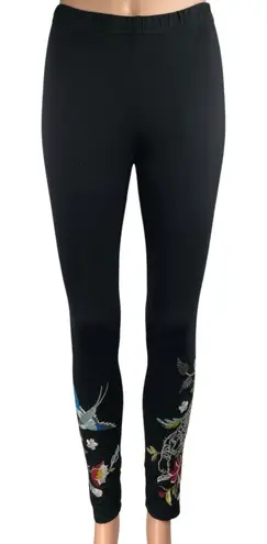 Johnny Was Anzia Black Floral Embroidered Mid Rise Skinny Leg Leggings Pants XS