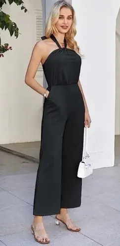 Grace Karin Jumpsuit Womens L Black Halter Romper Pocket Wide Leg High Waist B3