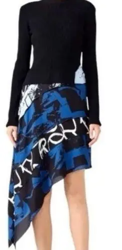 Proenza Schouler Women's Black Blue Silk Long Sleeve Ribbed High-Low Dress Size4