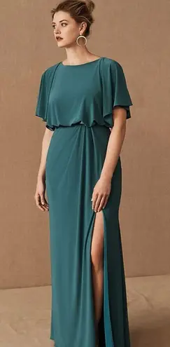 BHLDN NWT $198 Teal Lena Flutter Sleeve High-Neck Jersey Draped Maxi Dress 2
