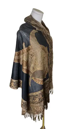 Black Gold Serpent Paisley Shawl Wrap Wool Blend Sheer Panel Fringe Boho Indie