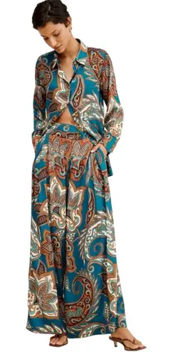 Farm Rio Leopard Paisley Printed Wide Leg Flowy Satin Pants Small Boho $198