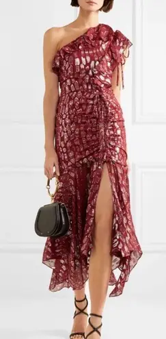 Veronica Beard Leighton Metallic Leopard One Shoulder Ruffle Midi Dress Size 4