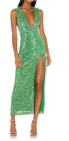 H:ours REVOLVE Mahlia Maxi Dress in Green Sequined Deep V-Neck Slit Party XS
