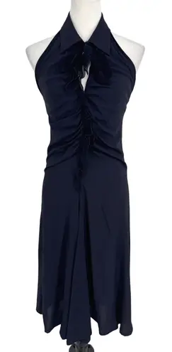 Fuzzi Halter Dress Size 42 US 6 Navy Silk Blend Ruched Ruffle Midi Elegant Chic Blue