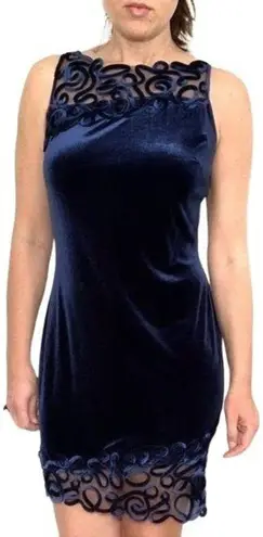 Joseph Ribkoff Vintage 90s Dress Size 6 Blue Velvet Mesh Cocktail Sleeveless