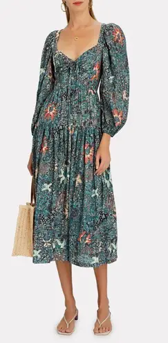 Ulla Johnson  Kemala Floral Poplin Midi Dress Malachite Prairie Size 6 Blue Green