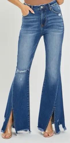 Risen High Rise Front Slit Frayed Hem Flare Jeans Size 1XL Bohemian Hippie Retro Blue
