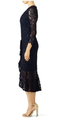 Alexis  Nadege Navy Crochet Lace 3/4-Sleeve V-Neck Midi Mermaid Dress Small Party