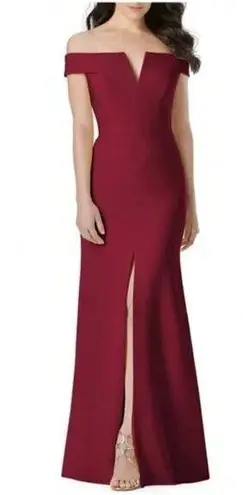 DESSY COLLECTION Notched Off the Shoulder Crepe Gown in Burgundy Size US 6R Red