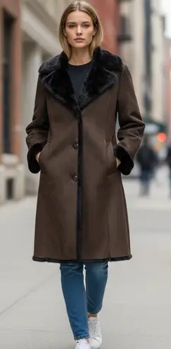 Marvin Richards Long Coat Womens XL Brown Faux Suede Faux Fur Lined Penny Lane