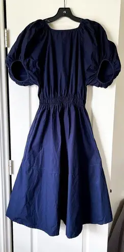 G. Label By Goop Sheely Puff Sleeve Midi Dress Navy Blue Cotton 6 EUC