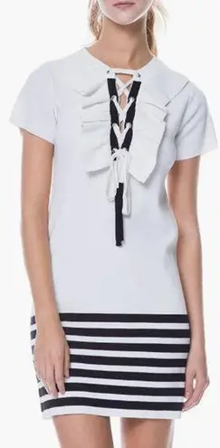 English Factory NWOT Short Sleeve Ruffle Lace Up Stripe Mini Dress White Women S