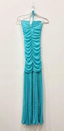 Ganni NWT Sleeveless Halter Ruched Mermaid Maxi Dress Blue Curacao Womens 34/2-4