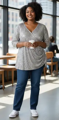 Silver Sequined Blouse Holiday Party Size 5XL