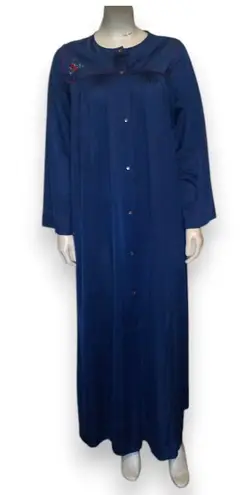 Vintage Shadowline Satin Long Sleeve Robe-Large-Embroidered Rose Yoke-Pockets-