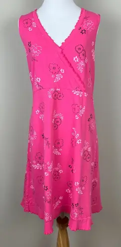Fresh Produce Dress Medium Pink Floral Surplice V-Neck Lettuce Trim 100% Cotton