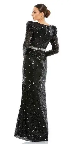 Mac Duggal NEW V Neck Sequin & Rhinestone Embellished High Slit Maxi Gown Black
