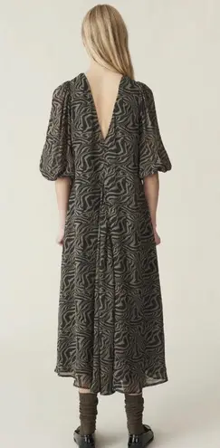 Ganni Abstract Swirl Print Viscose-Crepe Short Sleeve Kalamata Dress Womens US 4