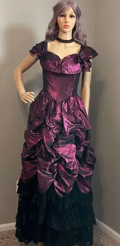 Vintage One of a kind Wine Metallic Prom Dress with Layers of Ruffled Black Lace