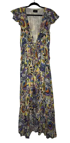 VICI  Maxi Dress Floral Print Tie Front Flutter Sleeve Deep V Neck Size XL - Image 1