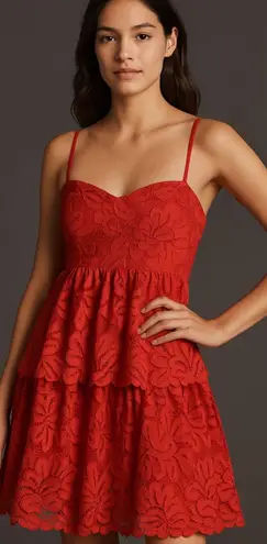 Maeve Anthropologie Women Red Lace Tiered Mini Dress XS Summer Party Cocktail
