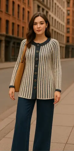 Pure Handknit Artisan Stripe Cotton Cardigan Sweater | Small | Neutral Style Black