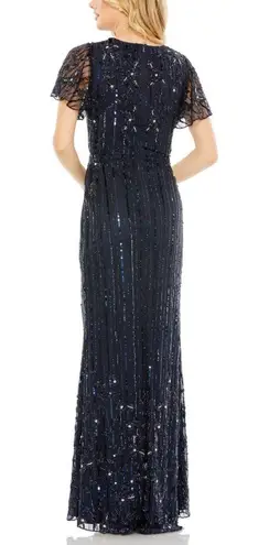 Mac Duggal Sequin Embellished Beaded Faux Wrap Gown Navy Blue Sz 14 NWT 93654