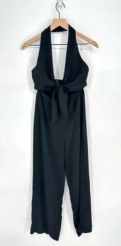 NEW SNDYS Aura Plunge Tie Front Cut Out Halter Jumpsuit Black Women's XS