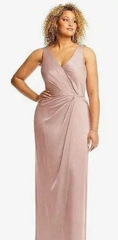 After Six Sleeveless Satin Faux Wrap Gown in Toasted Sugar