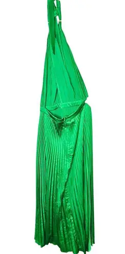 L’IDEE Bright Green Renaissance Mock Neck Pleated Satin Midi Dress Size 12