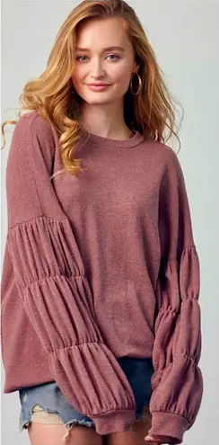 Women’s Boho Chic Raspberry Mauve Shirred Lantern Long Sleeve Solid Top Sz Large Pink