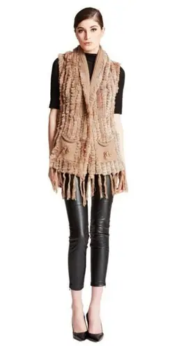 Belle Fare The Lenzen Rex Rabbit Fur Vest 0/S Wool Knit Fringe & Pockets Beige Tan Size undefined