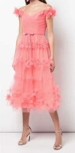 Marchesa Notte Off Shoulder Tulle 3D Floral Midi Gown Dress Size 0 Pink Tiered