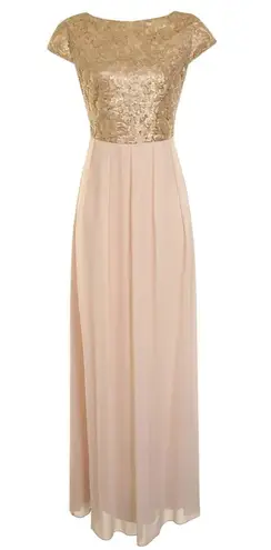 London Dress Company Nude & Gold Sequin Maxi Dress Gown Size 6