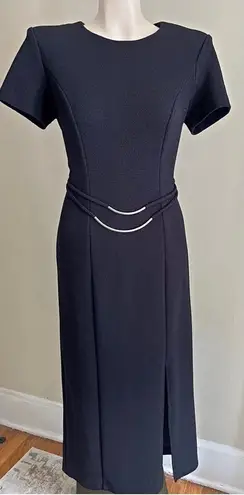 Black Minimalist Midi Dress Draped Waist Silver Detail Structured Modern Sz 8