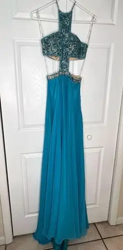 Angela and Alison teal blue beaded prom wedding ball evening gown size 0 Pageant
