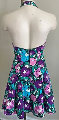 Vintage 80s 90s Floral Halter Mini Dress XS