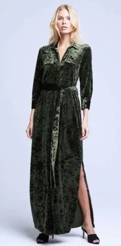L'Agence Cameron Velvet Maxi Shirt Dress Green V-Neck 3/4 Sleeve Collar Size M