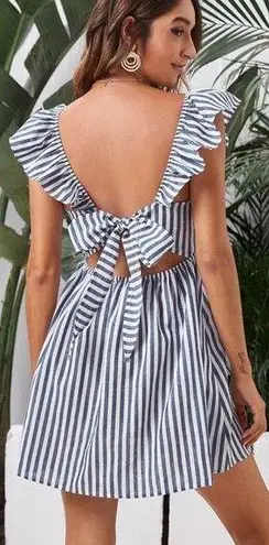 SheIn Blue White Ruffle Trim Tie Backless Striped Dress Medium New Multiple  - $25 New With Tags - From Thread Vault