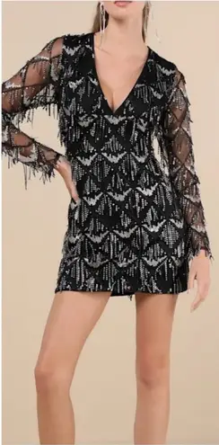 Lulus Playful Composure Black Fringe Sequin Mini Dress - Image 1